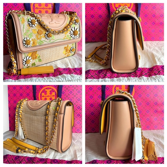 NWT Tory Burch Fleming in Napa Leather and Straw with embroidered floral detail - Picture 3 of 15